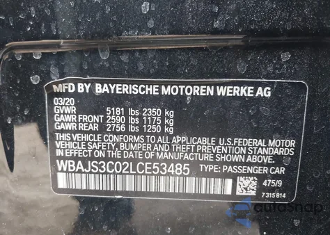 2020 BMW 540I xDrive from USA, damaged, VIN WBAJS3C02LCE53485